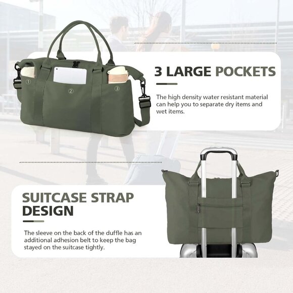 Women Men Green Waterproof Carry On Tote Travel Duffle Bag with Trolley Sleeve - Picture 5 of 7